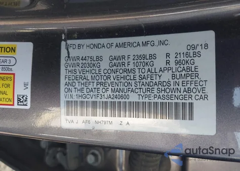 2018 Honda Accord Sport z USA, uszkodzony, nr VIN 1HGCV1F31JA240600